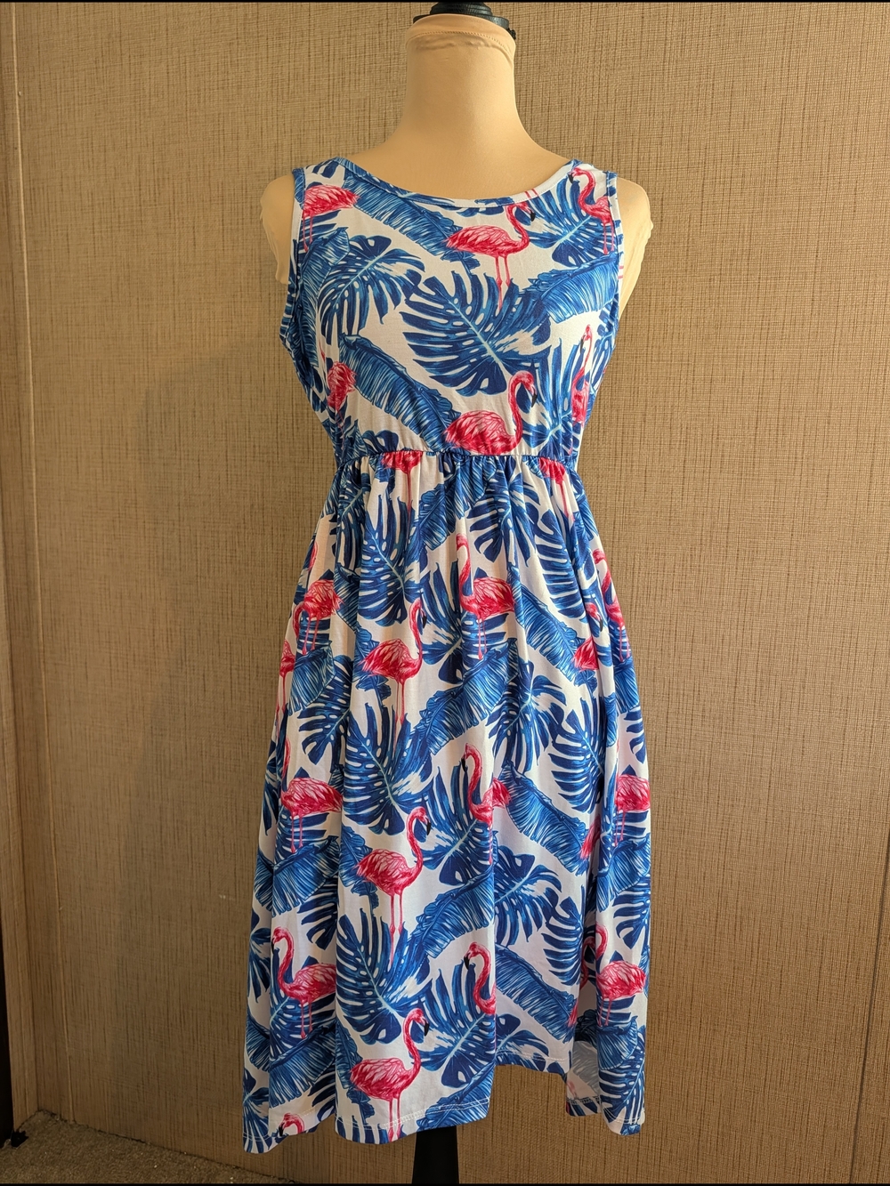 Sleeveless Flamingo Print Midi Dress in Blue & Pink